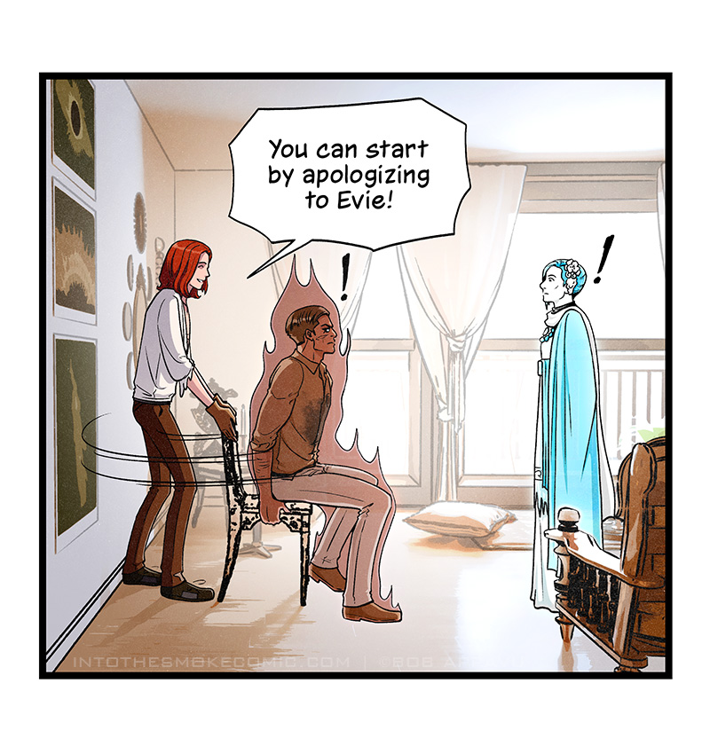 Blaze whirls Alastor around in his chair to face Evie. As Alastor and Evie stare at each other in surprise, Blaze smiles and proclaims, “You can start by apologizing to Evie!”