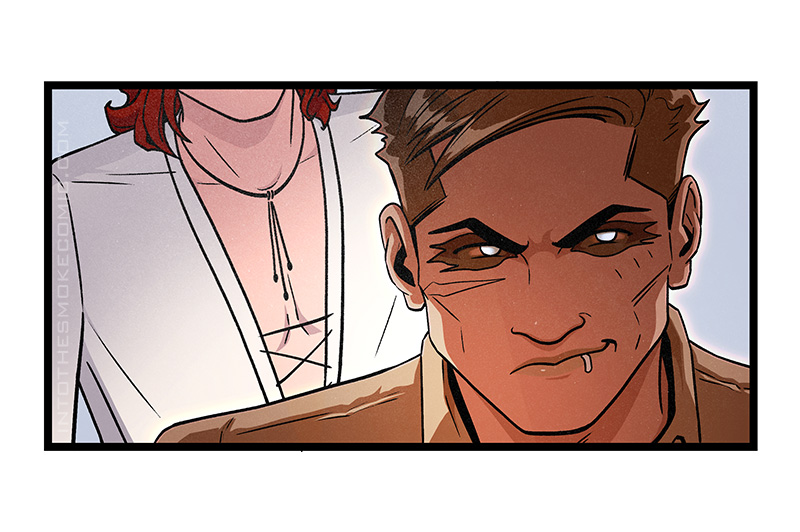 Alastor turns back to face Evie, his narrowed eyes glowing and his mouth twisting into a devious smirk.