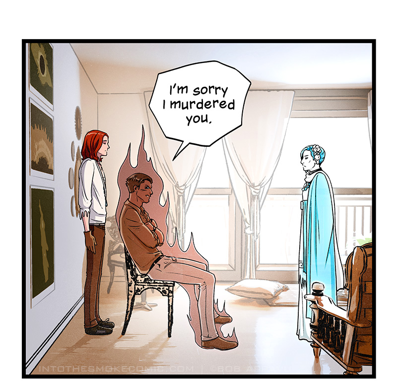 Slouching insolently in his seat, Alastor folds his arms and says exaggeratedly, “I’m sorry I murdered you.”