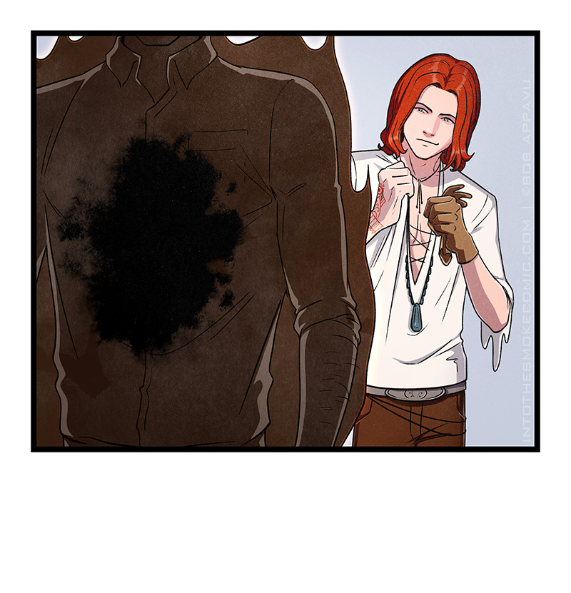 Blaze adjusts his shirt and smirks as Alastor walks away.