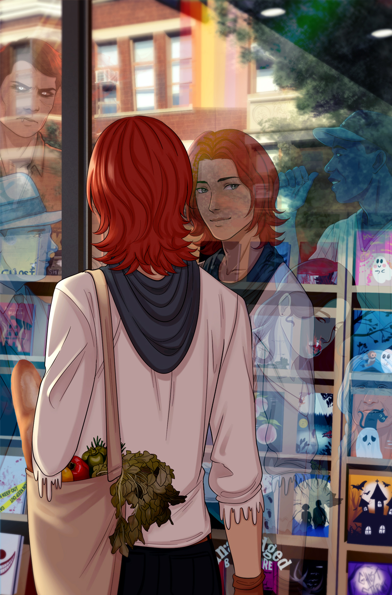 A guest episode for Into the Smoke. Blaze stands outside a bookstore, carrying his bag of groceries complete with baguette, looking in through the window display. His reflection gazes out at the audience, surrounded by and overlapping with the reflections of several ghosts, including Alastor, a man in a baseball uniform, a man in an old timey suit and hat, a woman with long hair, a necklace, and a bowed head, and an old white-haired woman. Also visible in the reflection is a row of Chicago-style two-flat houses across the street. Inside the bookstore are several shelves full of ghost stories and spooky books. Book covers include ghosts, black cats, haunted houses, and more. The store’s logo is partially obscured, with a blocked letter, the letter “n”, a gap, the letters d-g-e-d, and presumably the word “bookstore.”