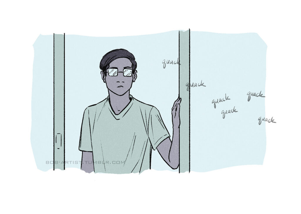Minicomic preview. A person stands in a doorway and stares out in the distance amidst fading "quack" sound effects.