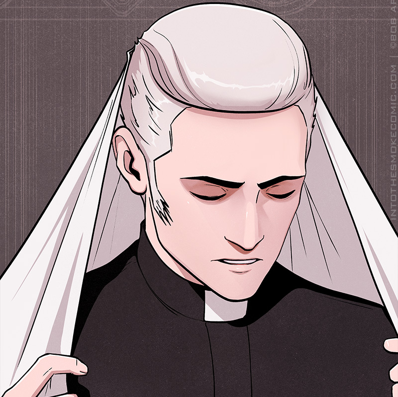 Judd’s face is shown, his eyes closed as he prays. He wears his black shirt with Roman collar, and he touches his amice, a piece of rectangular white cloth, to the back of his head.