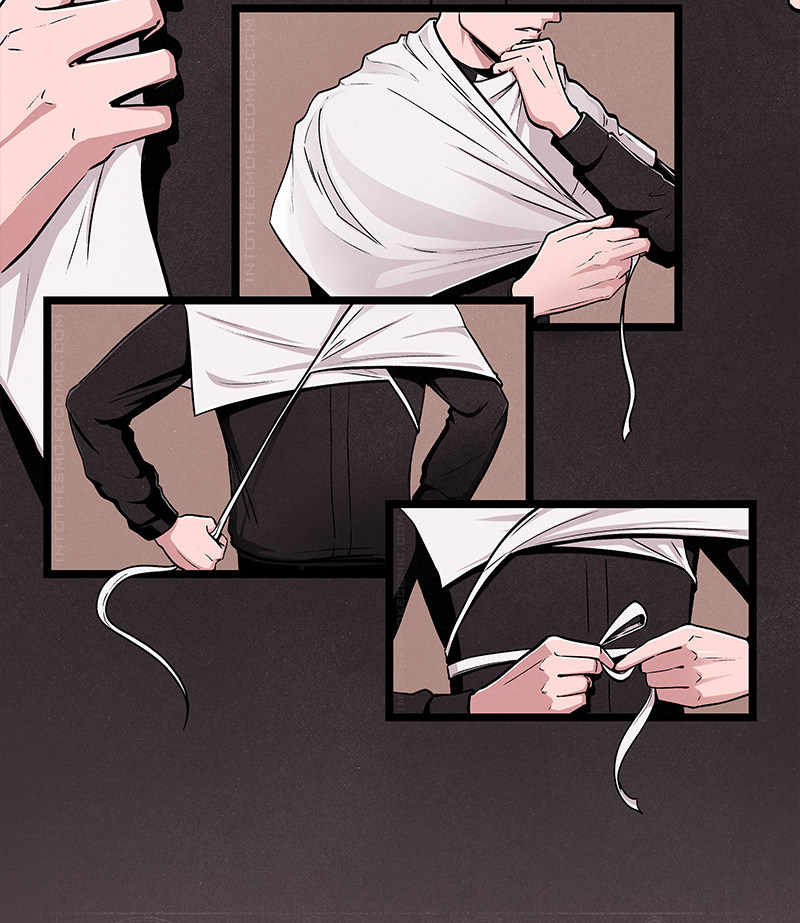 Across three panels, Judd wraps the amice around his shoulders, wraps the end ribbons around his back, then ties it in a bow in front of his chest.