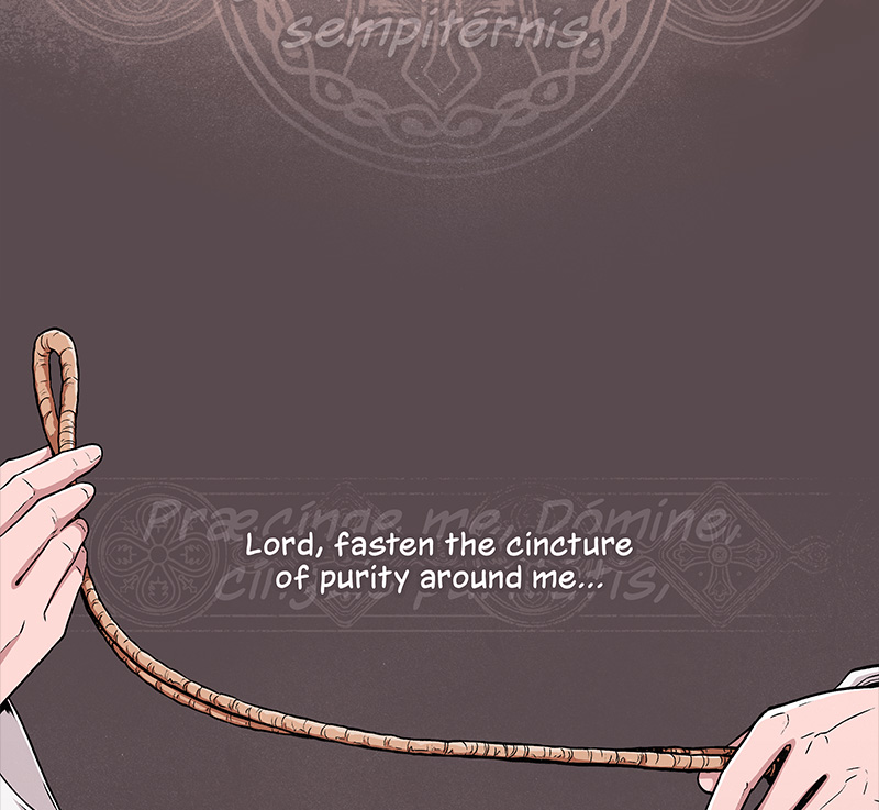 As Judd holds up a long golden cord with tassels on each end, he prays, “Lord, fasten the cincture of purity around me…”