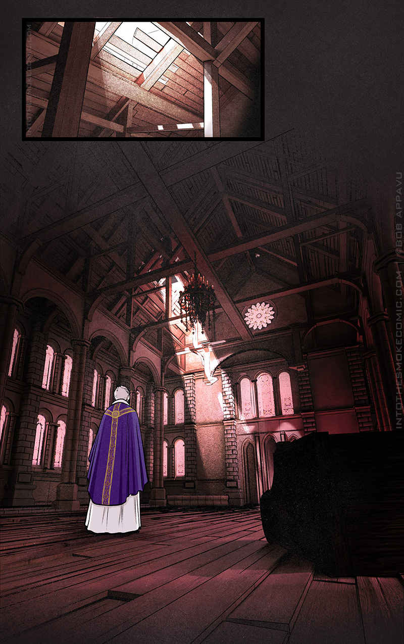 A small inset panel shows a high ceiling of rafters and wood beams that are broken, allowing a beam of sunlight to enter a dark room. The view zooms out to show Judd, fully vested, walking through the nave of an abandoned cathedral, the beam of sunlight shining ahead. An overturned pew lies in the foreground atop displaced floorboards.