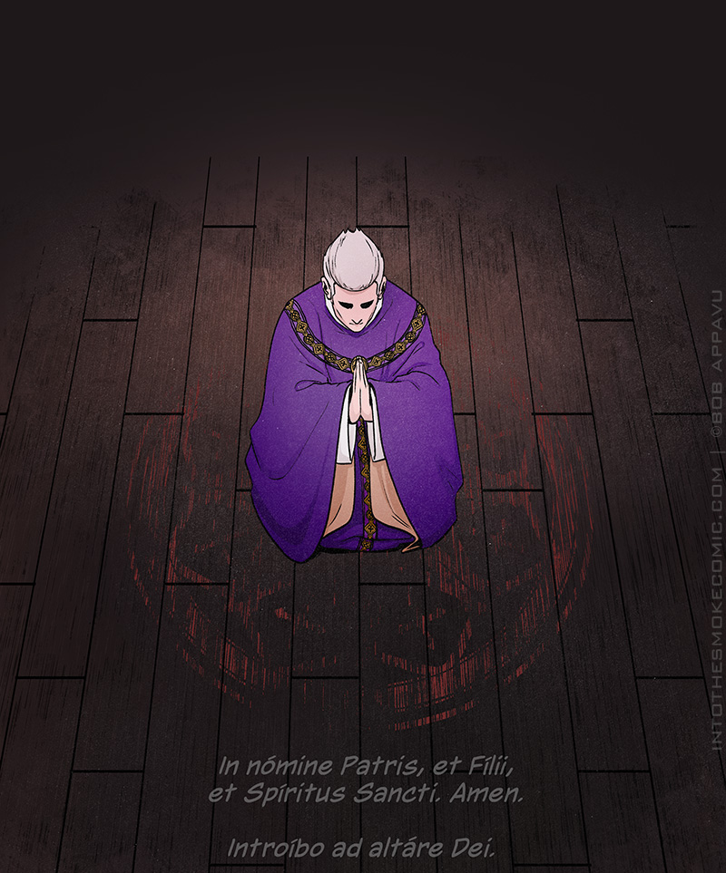 Judd kneels at the center of the eroded red circle, his hands together. He prays in ecclesiastical Latin, “In nómine Patris, et Fílii, et Spíritus Sancti. Amen. Introíbo ad altáre Dei.”