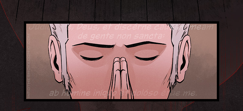 Judd’s face is shown as he continues praying in Latin.