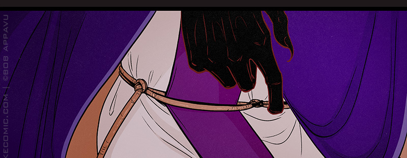 The demon hooks a finger under the center of Judd’s cincture.