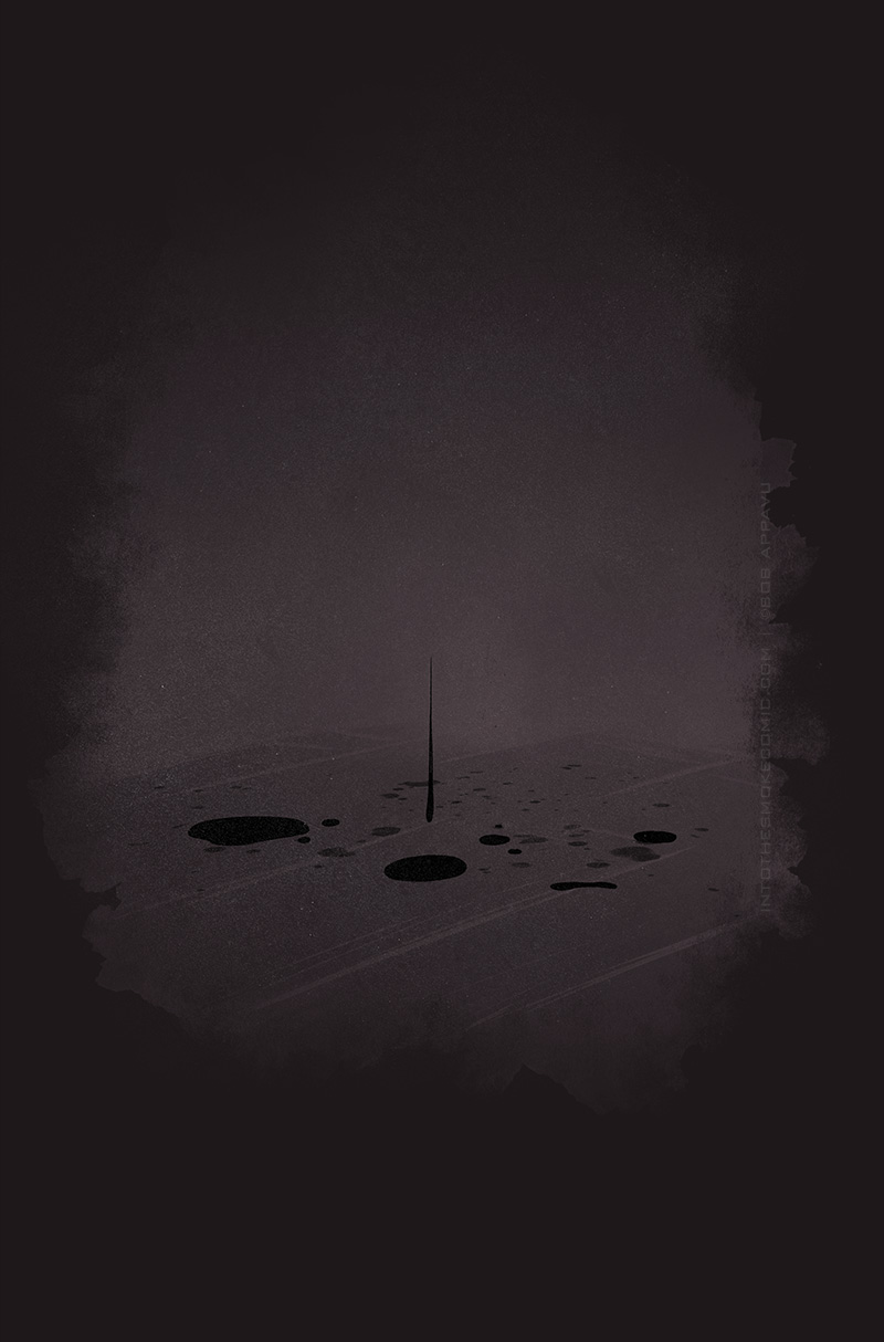 Black liquid drips on the wood floor.