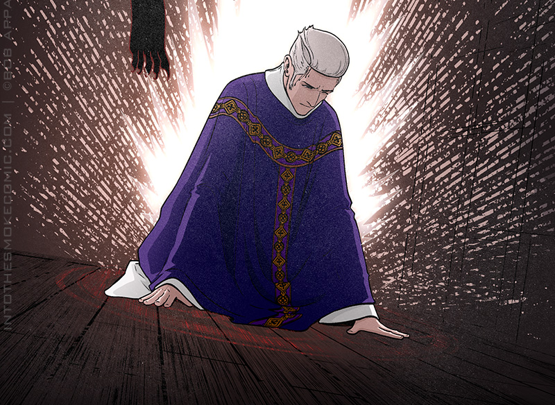 As the view pans down, a myriad glowing spikes are shown emerging from around Judd, who’s braced on his hands and knees with an expression of exertion on his face.