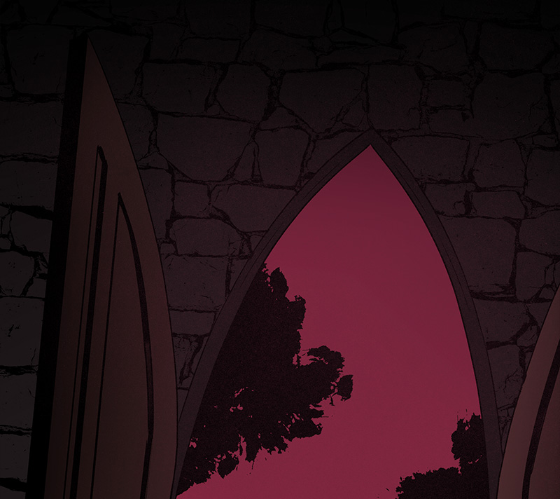 The cathedral entrance is shown in shades of black and red.