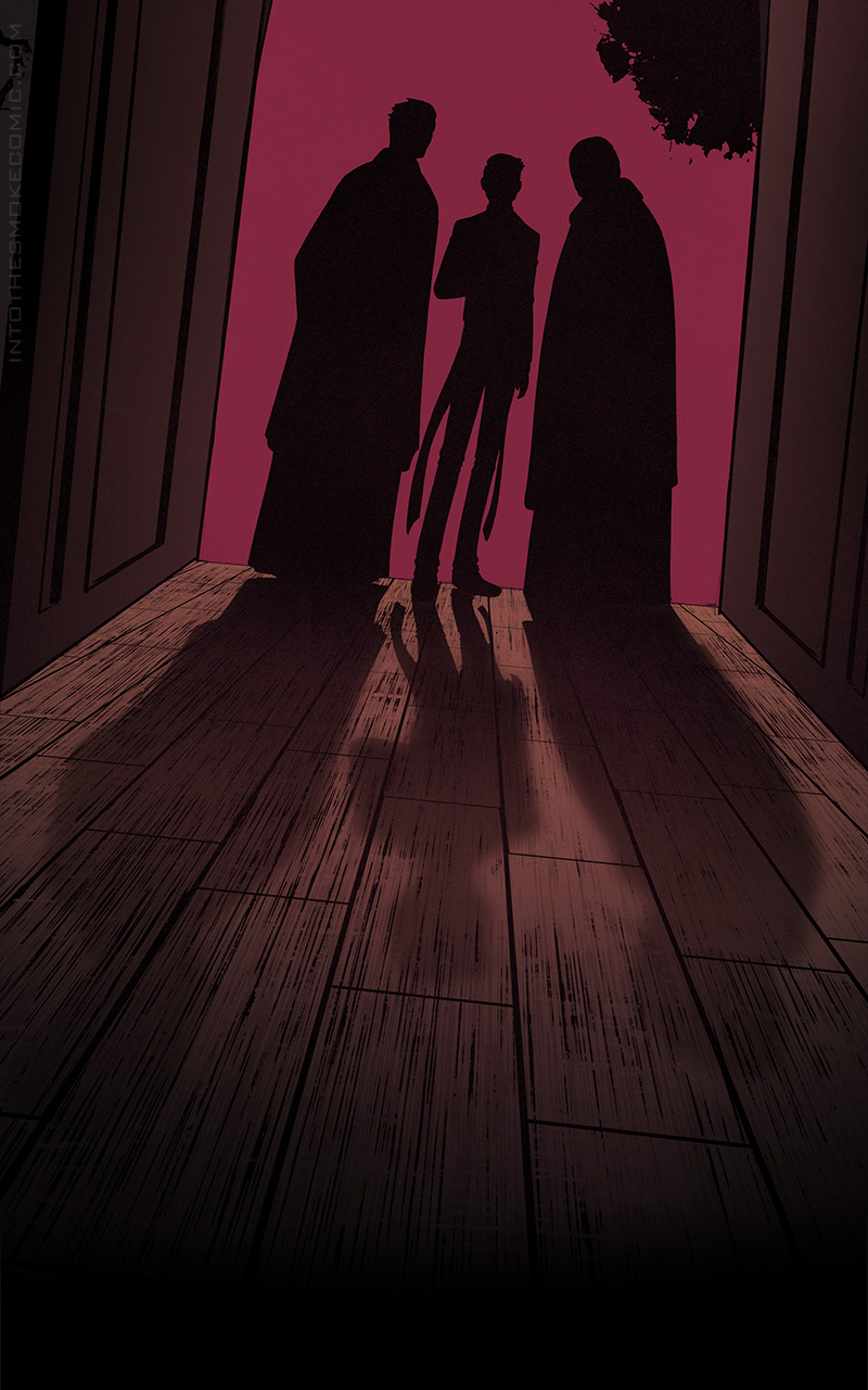 The silhouettes of three people appear in the doorway. On the left is a tall figure in long robes with short, spiky hair. In the middle is a slim figure with short, neat hair, wearing pants and a stole. On the right is a broad, husky figure in a long robe.