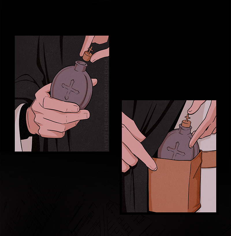 A person wearing black vestments places a cross-adorned gold cap on a holy water bottle, then slides the bottle into a pouch belted at their waist.