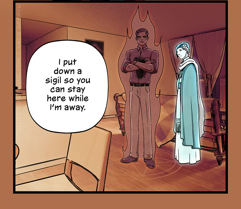 Alastor stands in the living room beside Evie, a faint circular sigil visible on the floor beneath his feet. Blaze continues, “I put down a sigil so you can stay here while I’m away.”