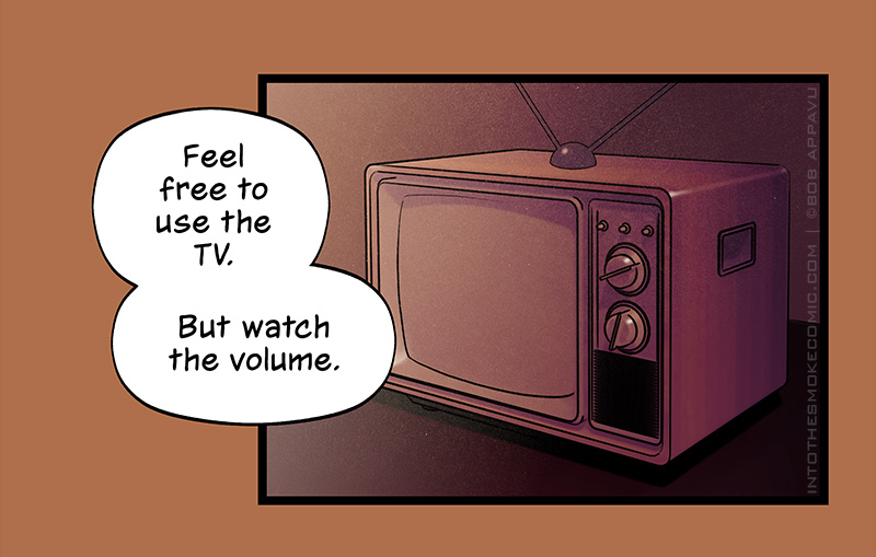 An old-fashioned CRT TV with antennas is shown. Blaze says, “Feel free to use the TV. But watch the volume.”
