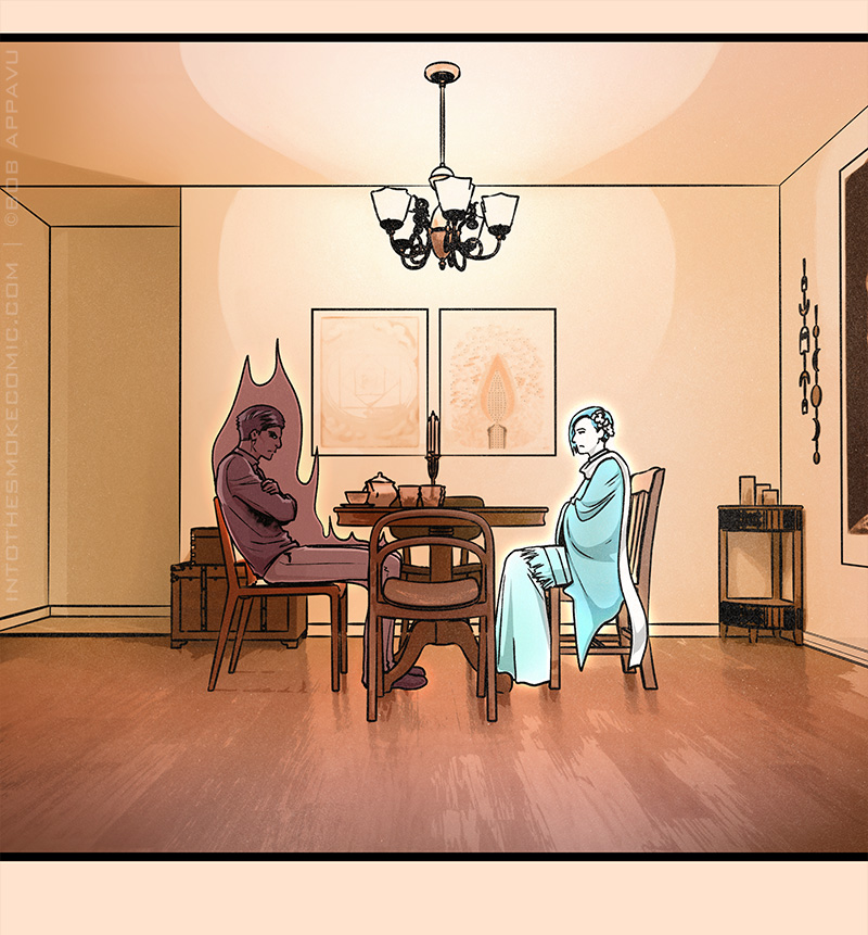 In Blaze’s warmly lit apartment, Alastor and Evie sit facing each other at either side of the dining table. Both are scowling with their arms crossed, and Alastor, in his standard non-smoky form, is slouched in his seat.