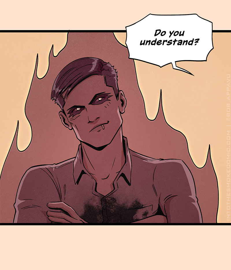 From off-panel, Evie asks firmly, “Do you understand?” Alastor smirks silently, his arms folded.