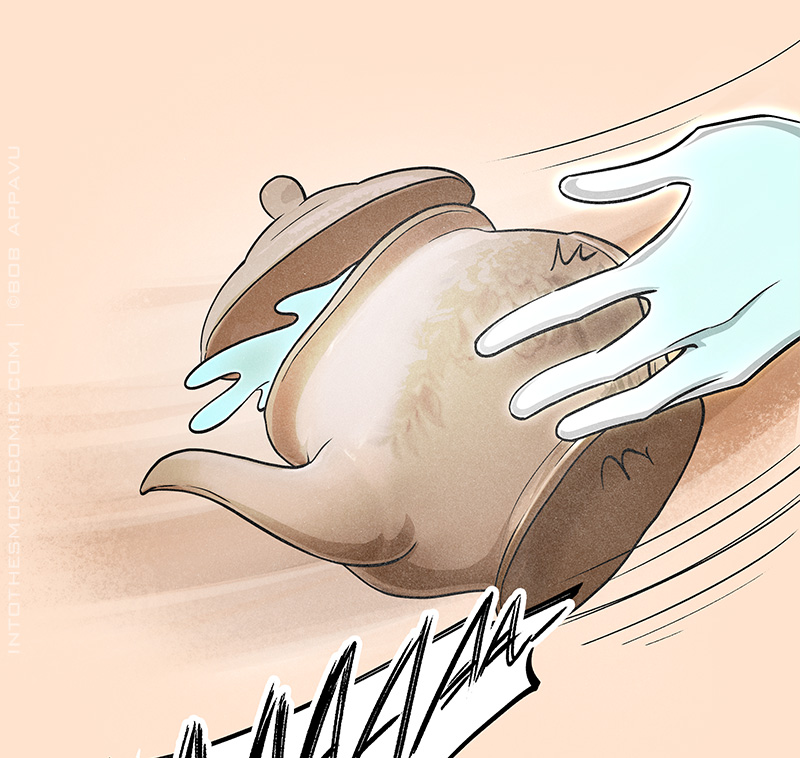 Evie taps the teapot, toppling it over. The lid falls off and tea splashes from inside.