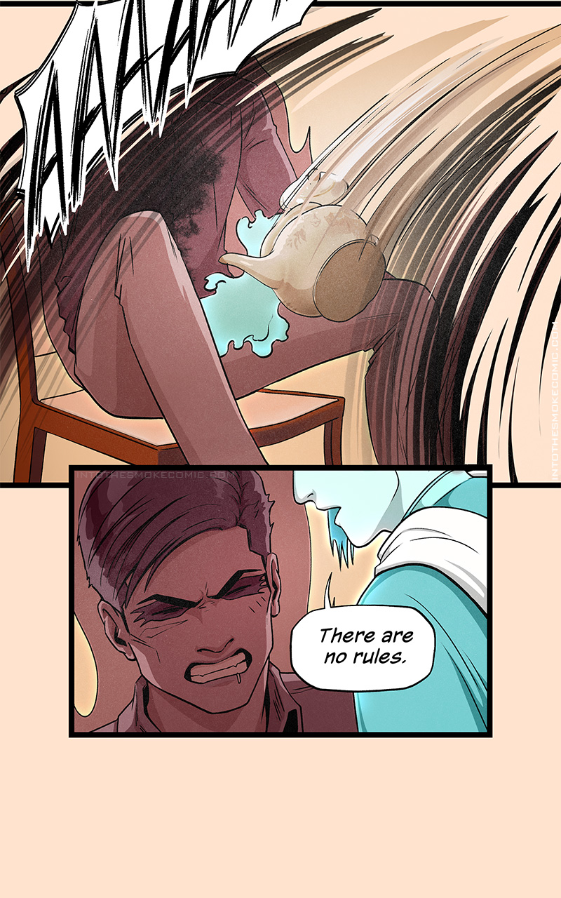 The spilling teapot falls into Alastor’s lap as he howls in pain. Evie leans in close to his ear and says, “There are no rules.”