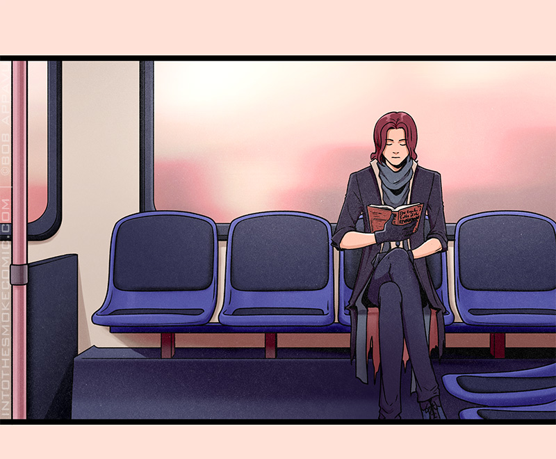 Blaze sits cross-legged in an empty row of a Chicago bus, reading a book.