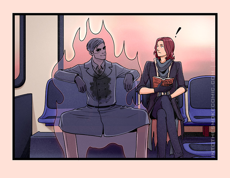 Blaze looks up, startled, as Alastor suddenly appears beside him, man-spreading impressively across two seats with his arms propped on the chair backs.