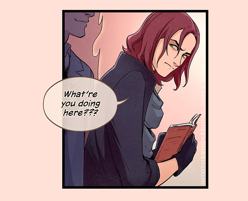 With a tight frown, Blaze subtly side-eyes Alastor and psychically asks, “What’re you doing here???”