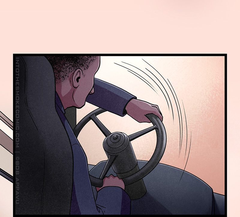 The bus driver turns his steering wheel.