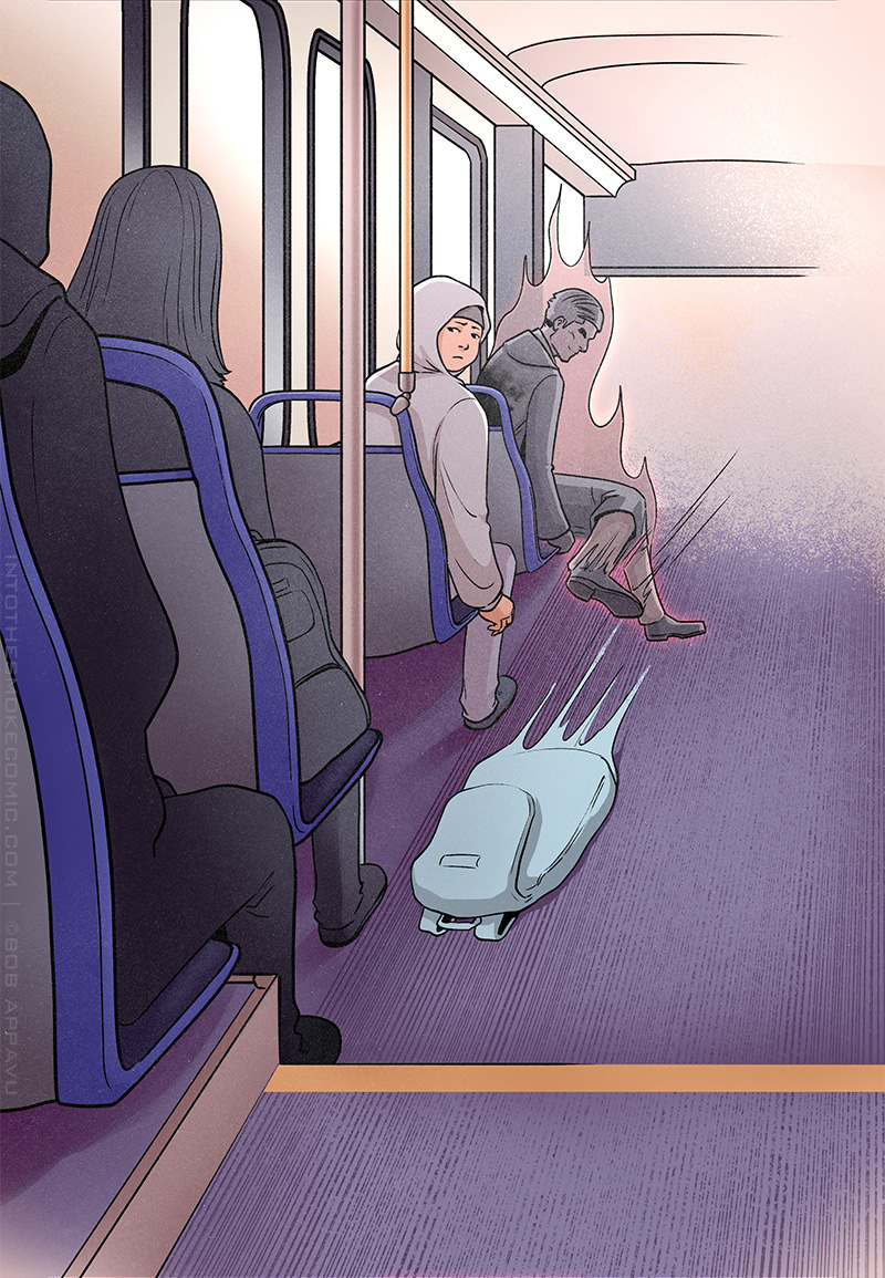 Alastor kicks a backpack down the aisle of the bus while one of the passengers stares after it with a small frown.