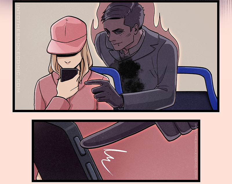 Alastor hovers behind a woman in a pink baseball cap and pink jacket who’s staring closely at her phone.

Alastor presses the volume-up button on the side of the phone.