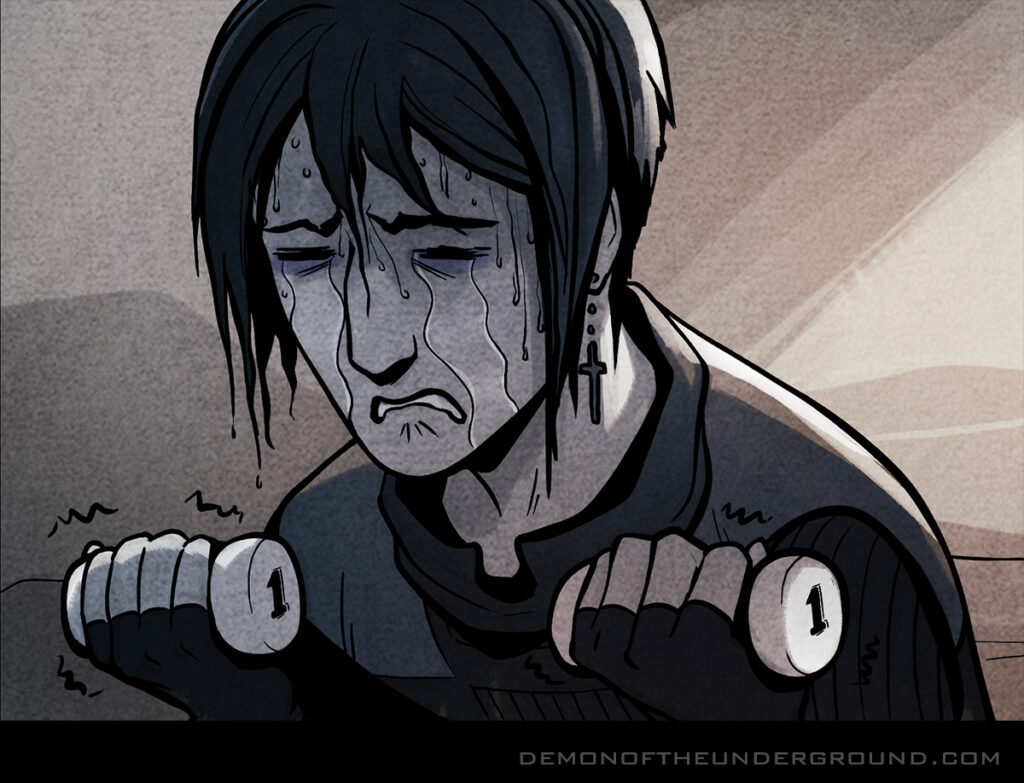 Preview panel from Demon of the Underground chapter 4 page 92, featuring Pogo crying as he lifts two one-pound weights.