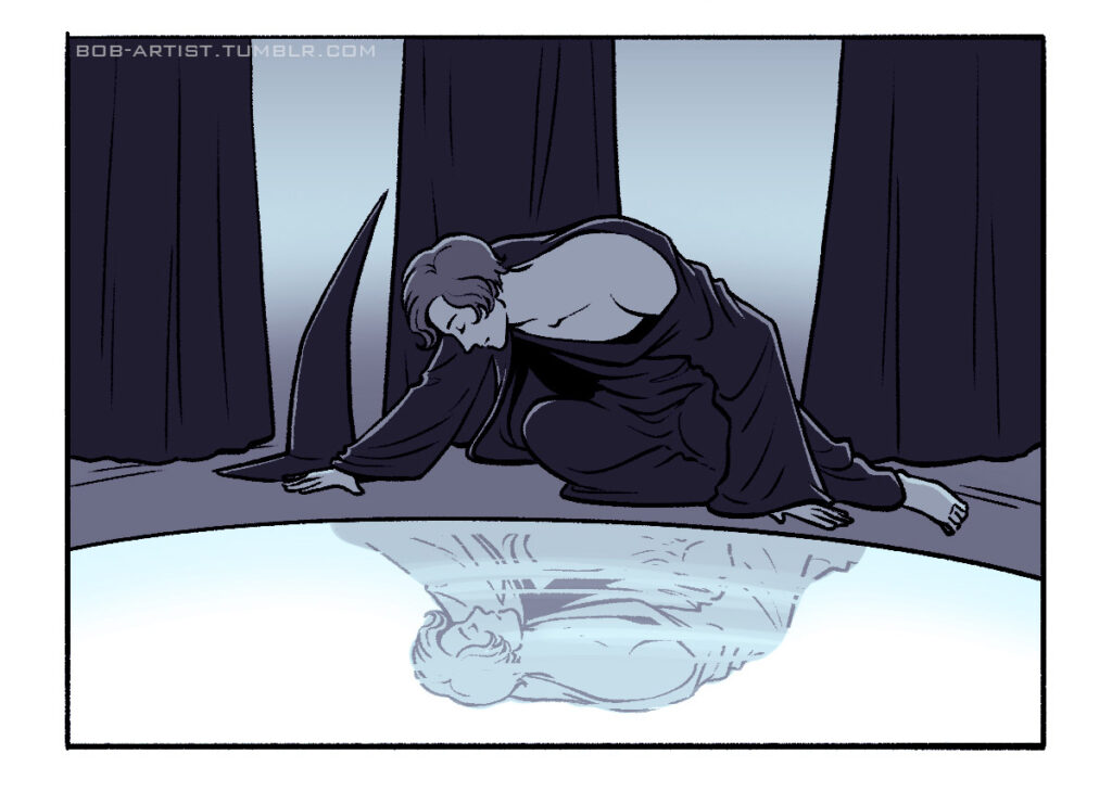 Preview image of a Brotherhood of the Orb minicomic panel, showing one of the brothers gazing at his reflection in the orb.