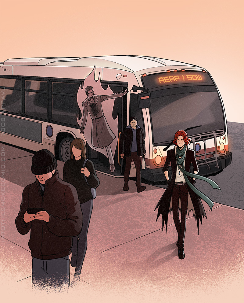 Blaze and his fellow passengers disembark from the bus, whose next destination is the corner of Reap and Sow. As the living passengers make their way across the pavement, Alastor leans out from the bus exit, ready to jump out.