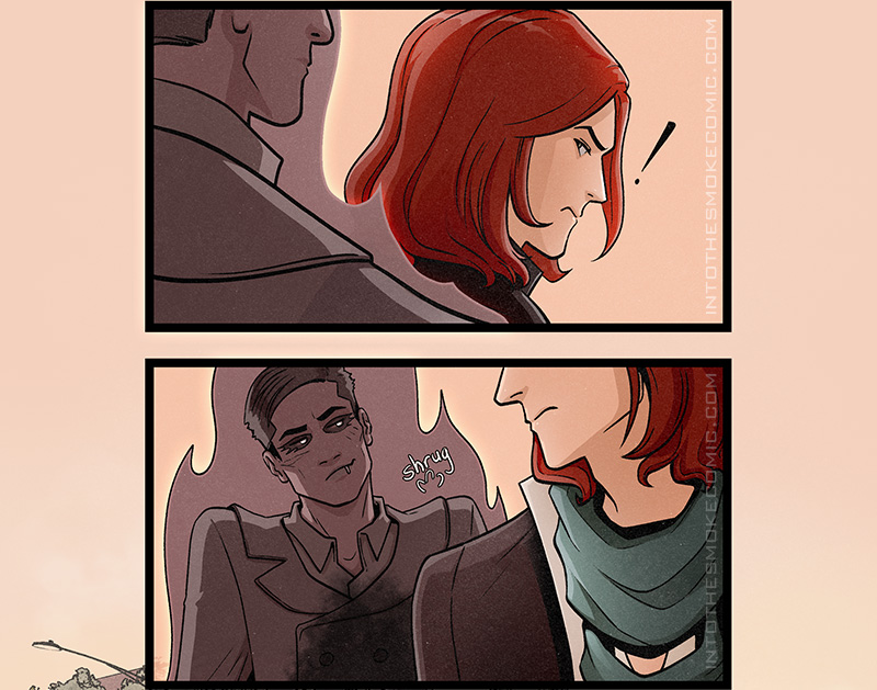 With a scowl, Blaze turns and looks over his shoulder.

Alastor shrugs apathetically, wearing a sly smirk.