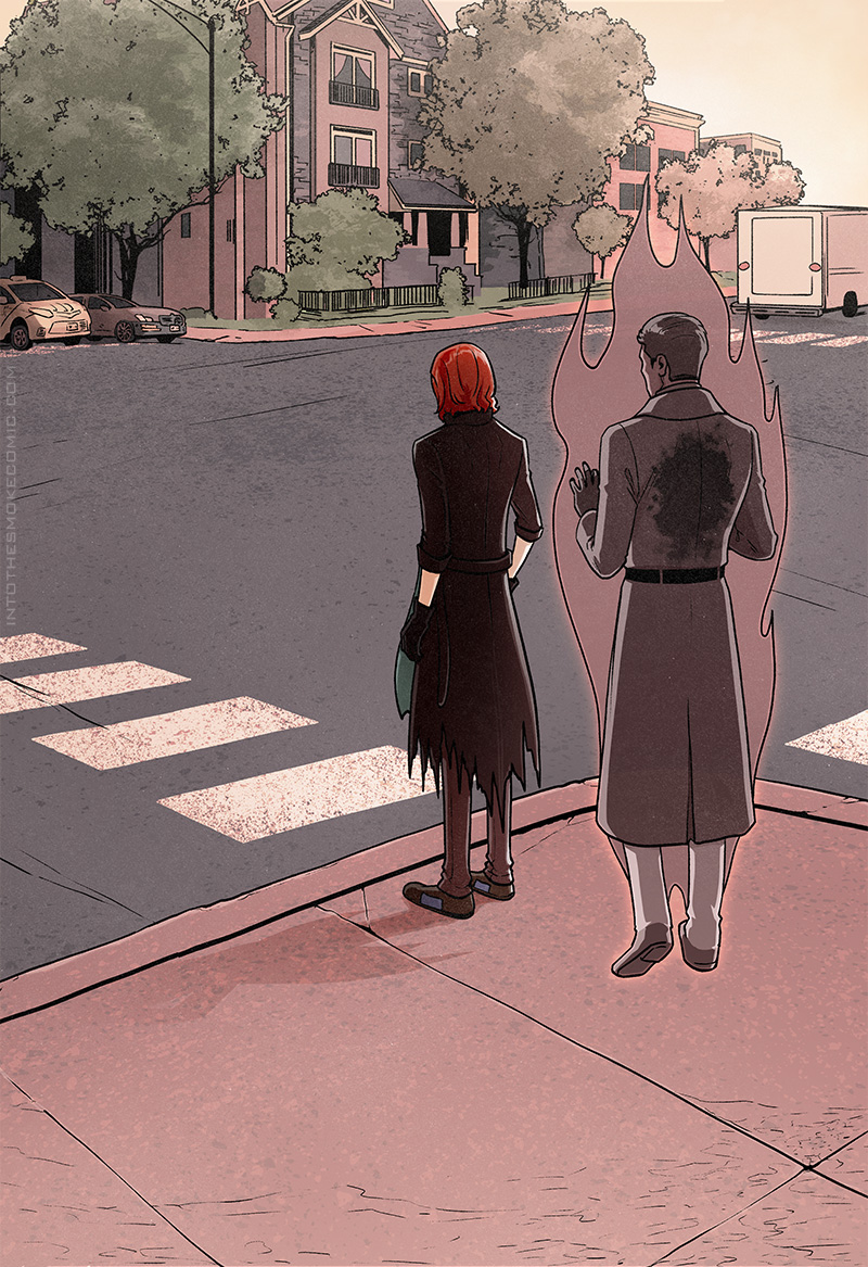 Blaze reaches the edge of the sidewalk and stands at the curb, waiting to step into the crosswalk. Behind him, Alastor raises his hands.