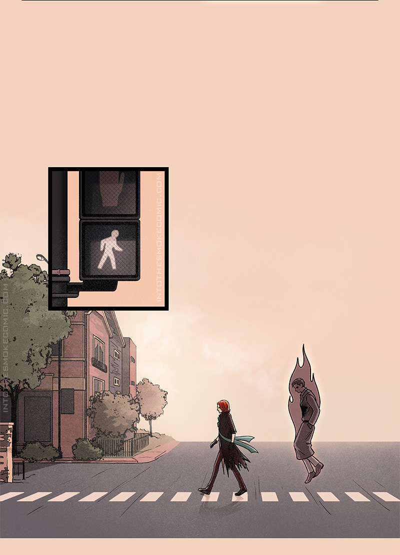 The “walk” sign lights up, and Blaze makes his way across the street with Alastor hovering behind him.