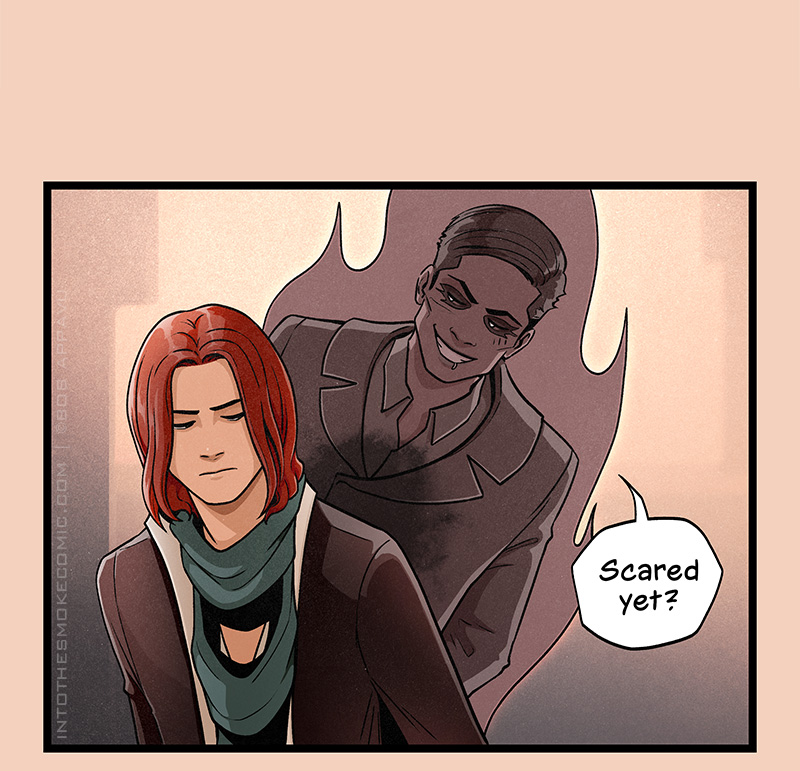 At the other side of the road, Alastor leans in over Blaze’s shoulder with a mischievous grin and asks, “Scared yet?”