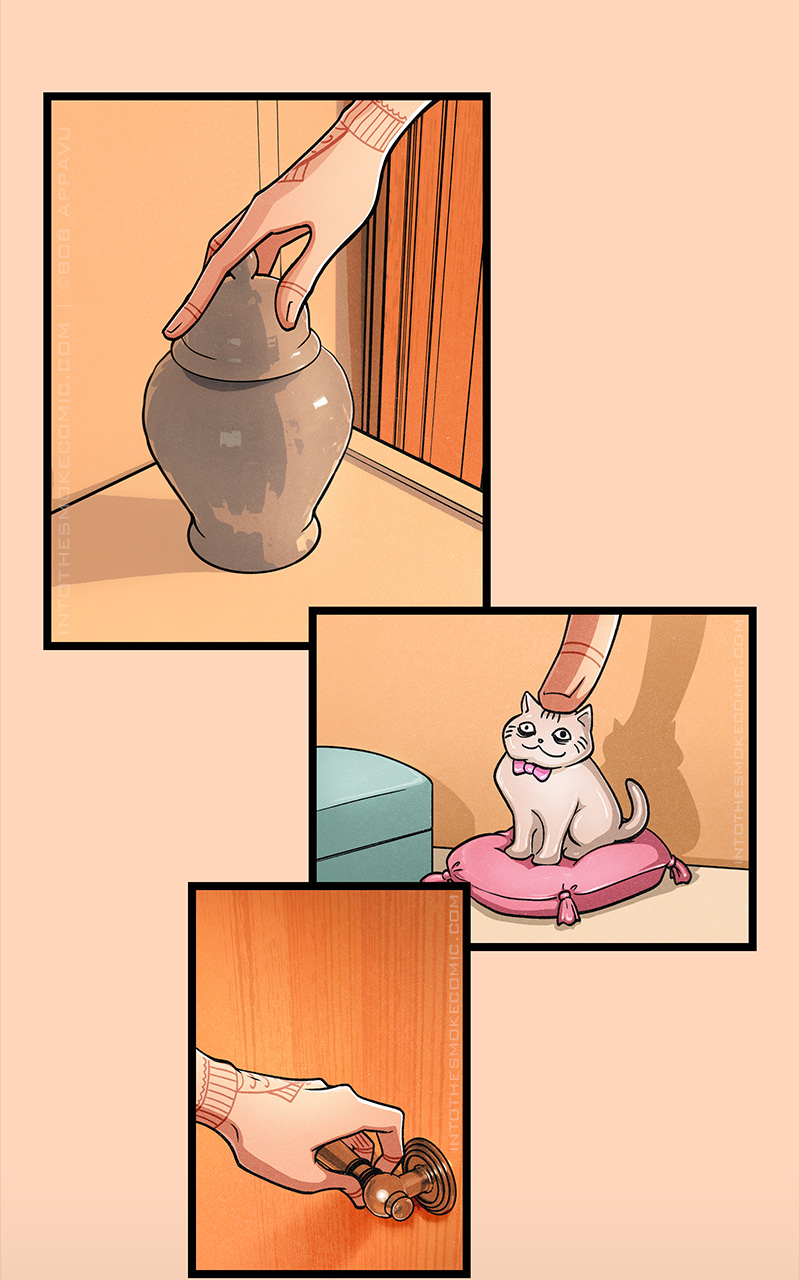 Blaze’s bare, tattooed hand rests atop a ceramic urn as he checks it for spiritual energy.

Blaze presses one finger to the top of a miniature cat figurine with a lopsided face and a pink bowtie.

Blaze’s fingers curl around a metal door handle.
