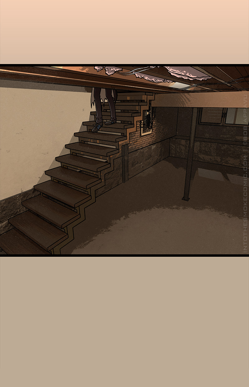 Blaze begins to descend a flimsy wooden staircase into a dimly lit, unfinished basement with concrete flooring and exposed wires and insulation in the ceiling.