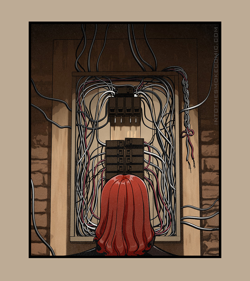 Shown from behind, Blaze looks up at an electrical panel jammed with a chaotic, nonsensical tangle of black, white, and red wiring. Some of the wires are frayed, and one grouping of wires is braided together and tied off in a bow.