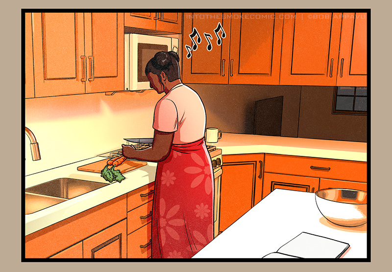 Upstairs, the homeowner stands at the kitchen counter, setting carrots on her cutting board while whistling a tune.