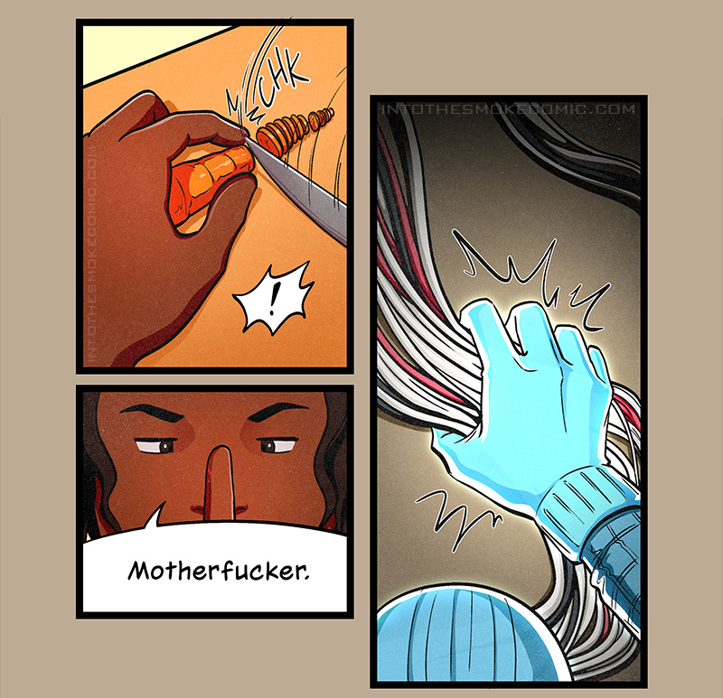 As she chops carrots, she accidentally cuts her fingertip. Holding up her injured finger, she says, “Motherfucker.” At the same time, the electrician ghost grabs the chaotic wiring in his gloved hand.