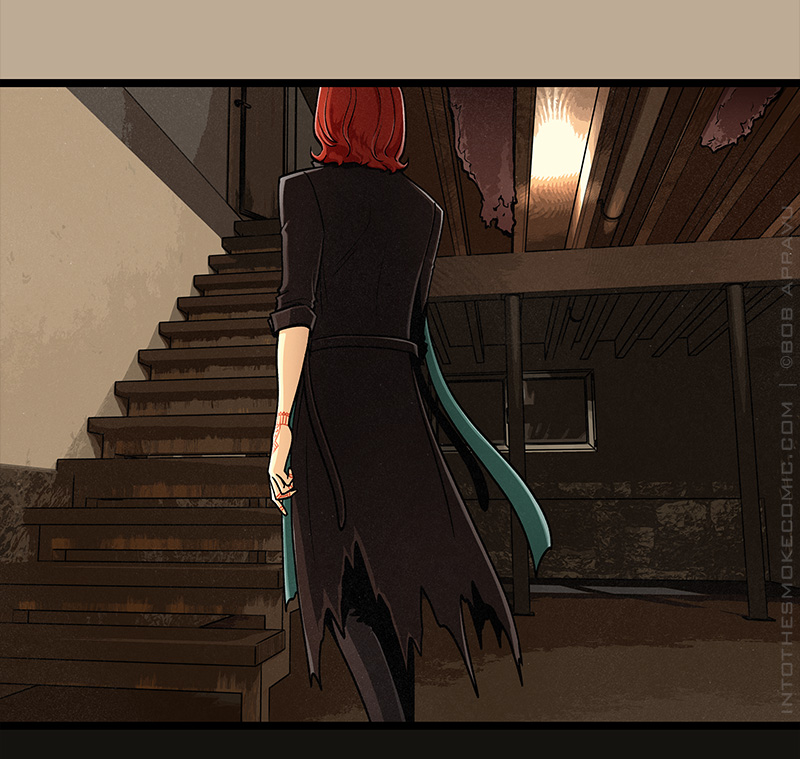 Blaze approaches the basement staircase, which leads up toward an opened door.