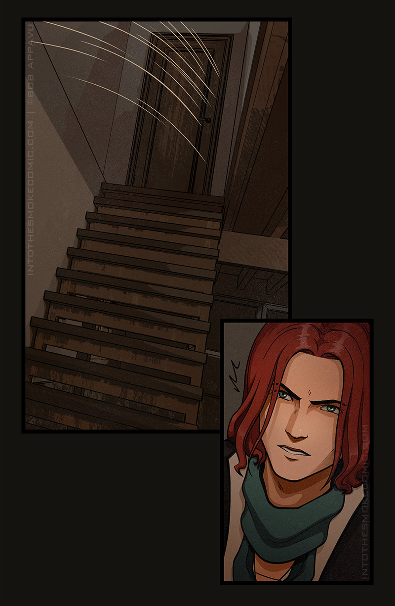 The door slams shut, leaving the basement in darkness. Blaze, startled, stares up at the closed door with narrowed eyes.