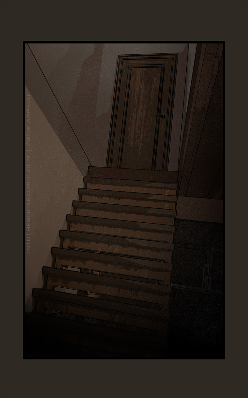 The closed door at the top of the basement stairs looms ahead in the darkness.