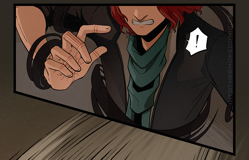 More swirls wrap around his wrist and upper body as he grits his teeth in shock.