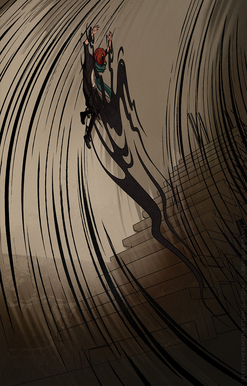 The black swirls hoist him into the air, high above the staircase toward the wall, with his arms extended above his head.
