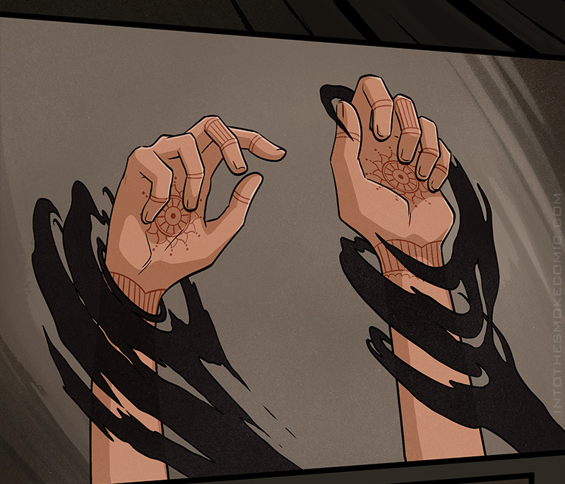 The swirls begin to solidify around his wrists.