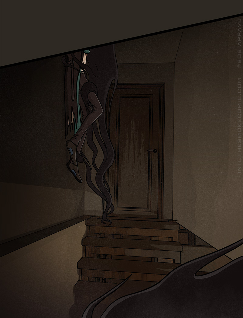 Blaze’s lower body is shown, pinned against the wall above the stairs, the basement door in view behind him. The inky black mass hovers against him, with swirls and tendrils wrapping around his legs.