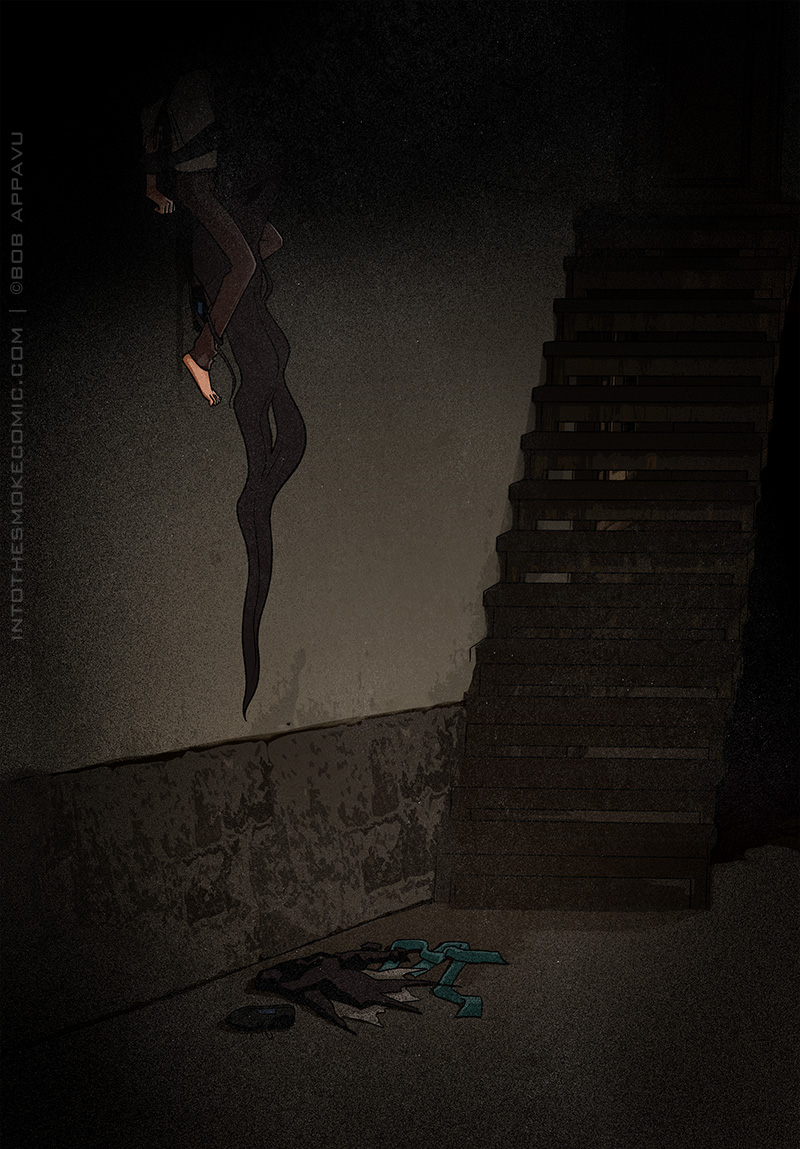 In the shadowy basement, Blaze’s leg’s are barely visible as he’s pinned high up against the wall by Alastor’s smoky form. His coat, scarf, and one of his shoes lie on the floor below them.